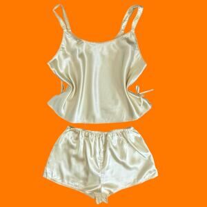 90's vintage yellow satin 2pc pajama loungewear lingerie set LARGE kathryn